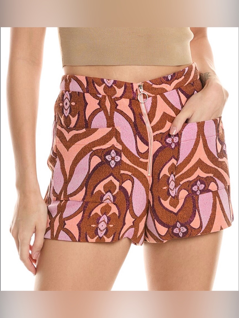 Ramy Brook Ross Pink & Brown Swirl High-Waist Shorts Size 4